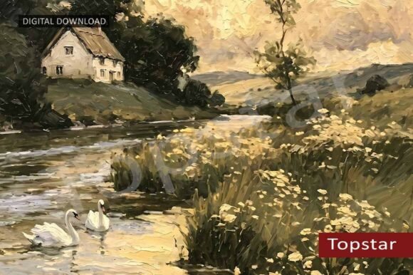 Download River Swans Golden Summer Wall Art Decor - Gold Collection