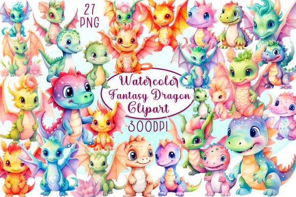 Download Watercolour Colourful Fantasy Dragon - Colourful Collection